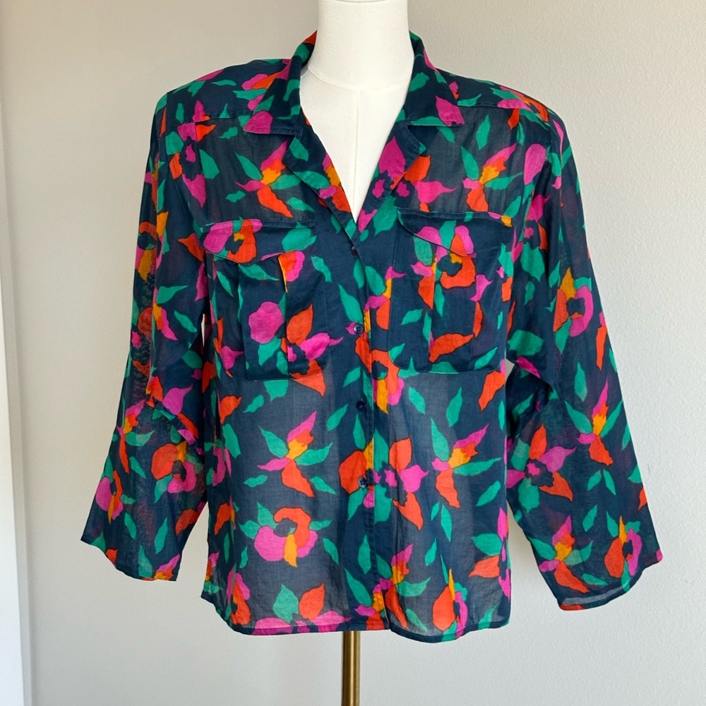 🌺 80s Vintage Liz Claiborne Semi-Sheer Navy Cotton Floral Shoulder Pads Blouse-4